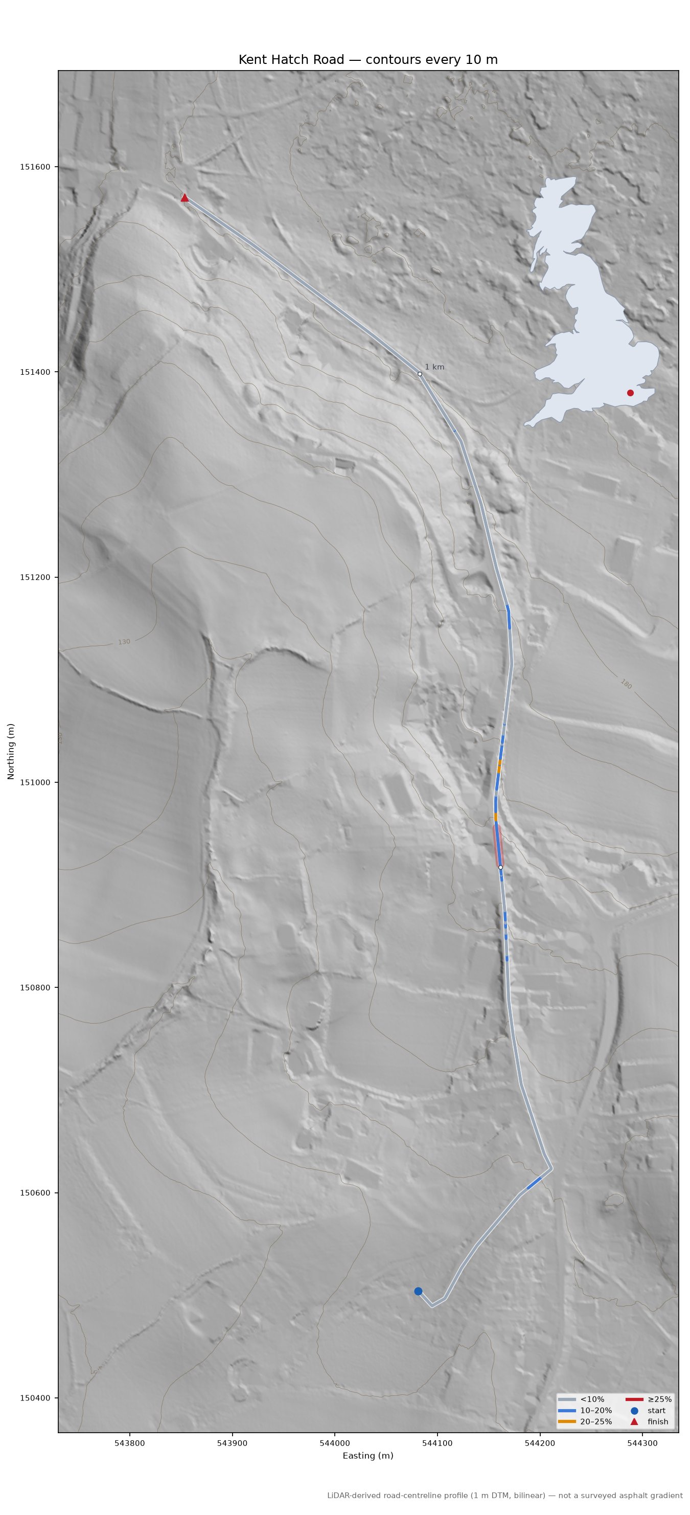 Kent Hatch Road LiDAR hillshade map with contours