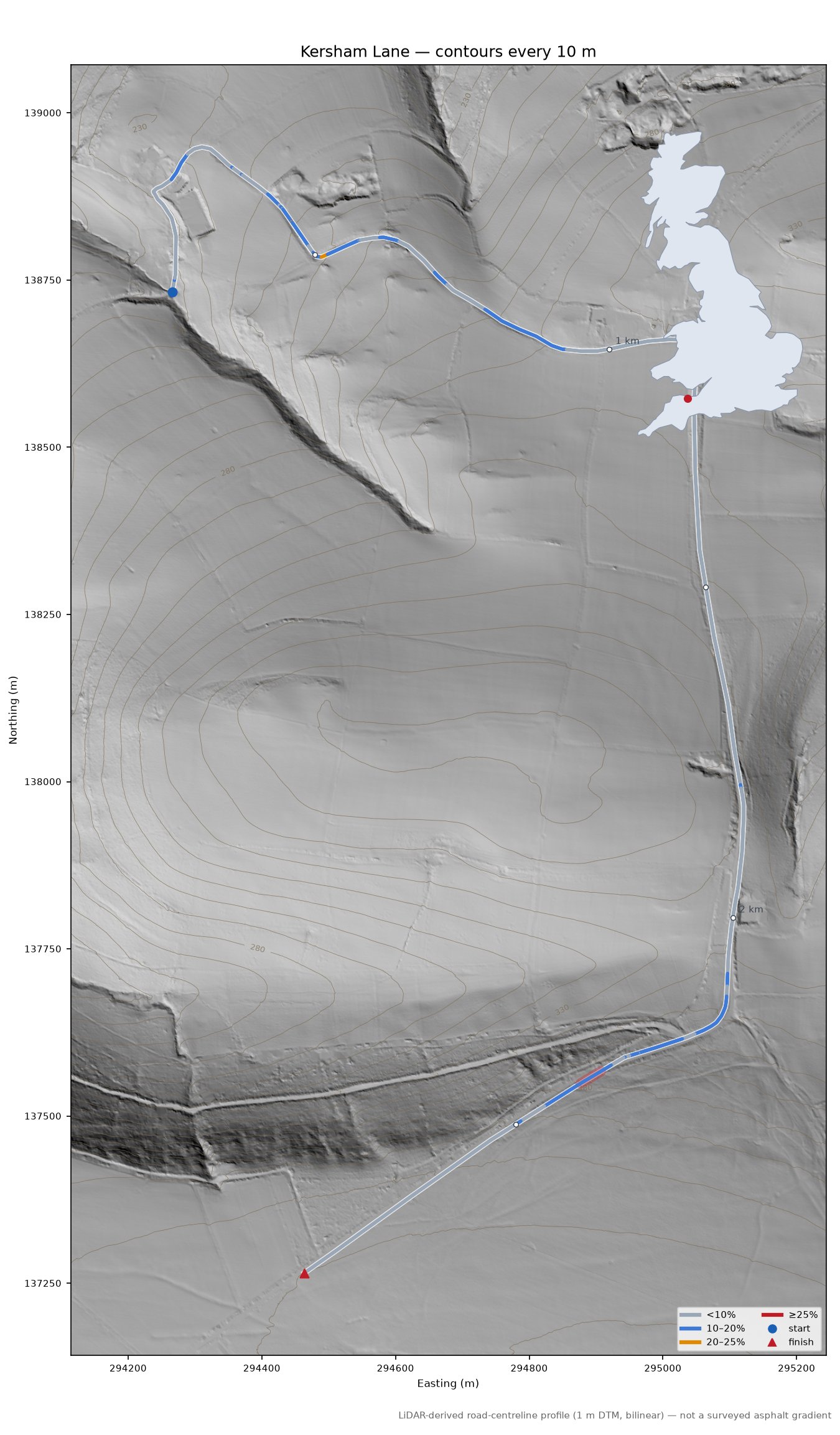 Kersham Lane LiDAR hillshade map with contours