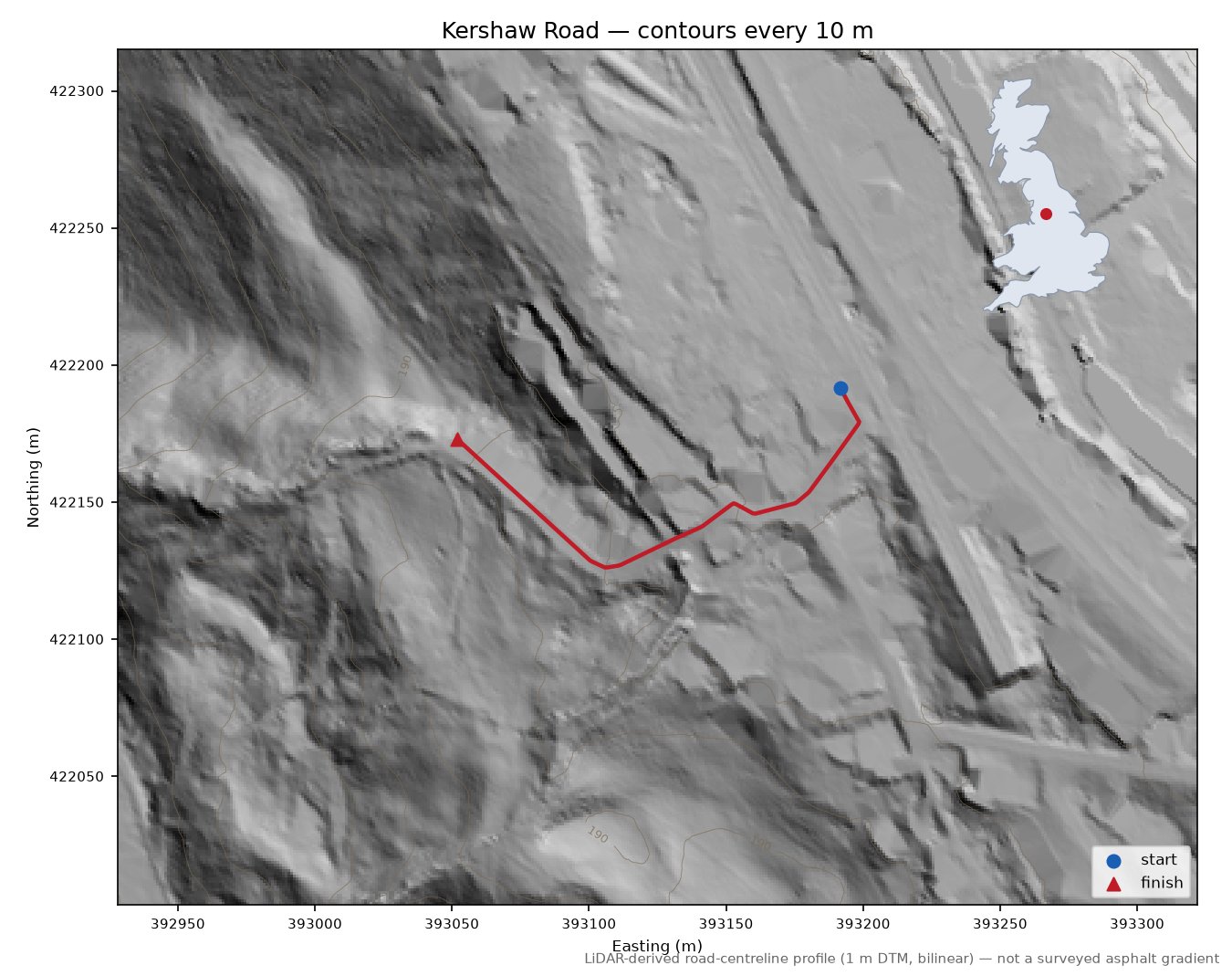 Kershaw Road LiDAR hillshade map with contours