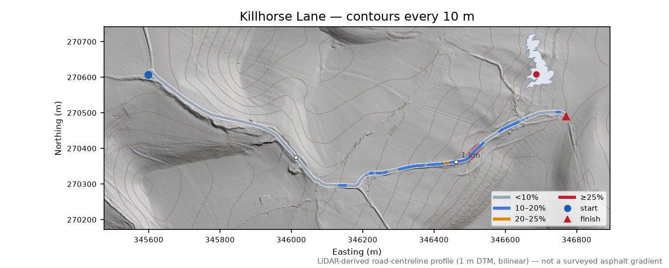 Killhorse Lane LiDAR hillshade map with contours