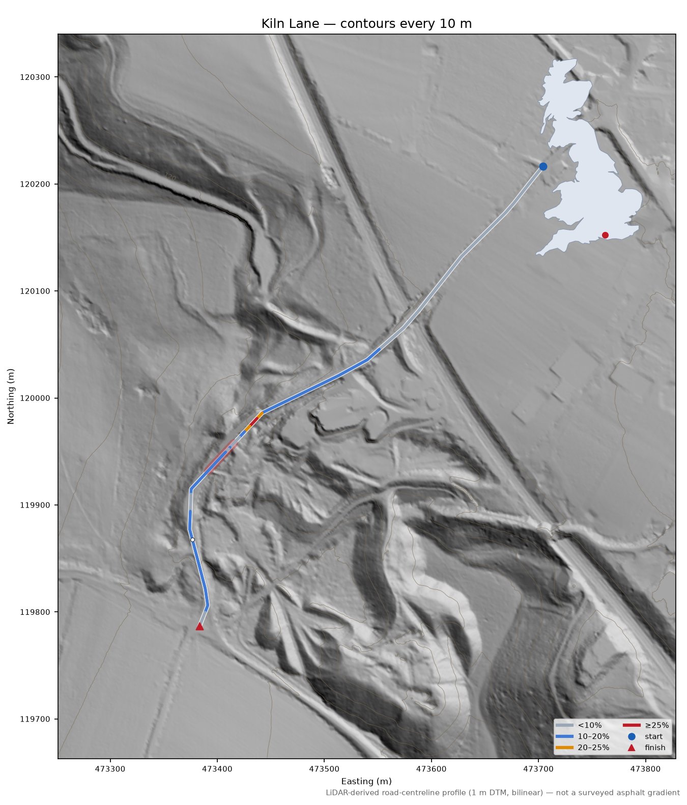 Kiln Lane LiDAR hillshade map with contours