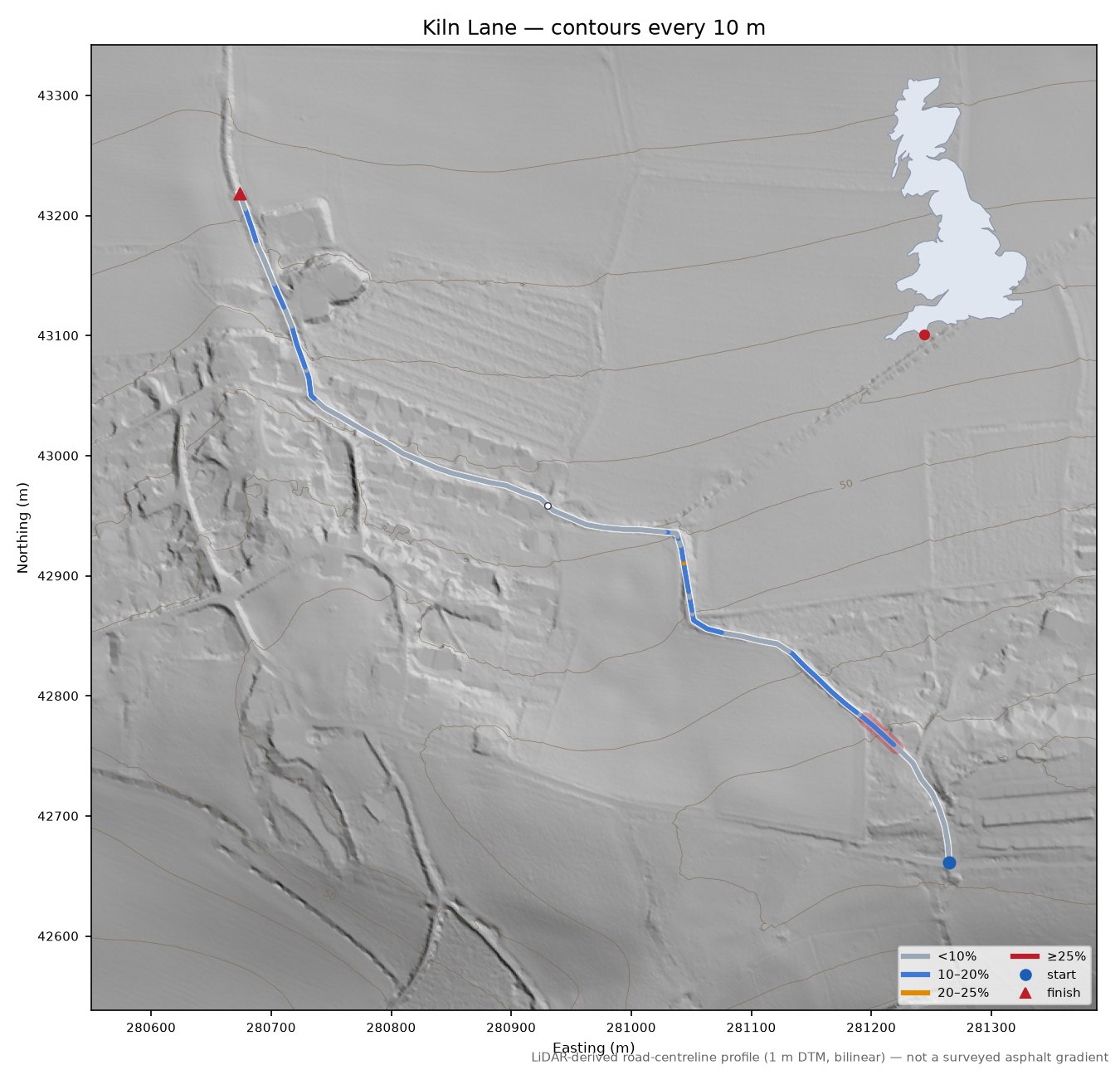 Kiln Lane LiDAR hillshade map with contours