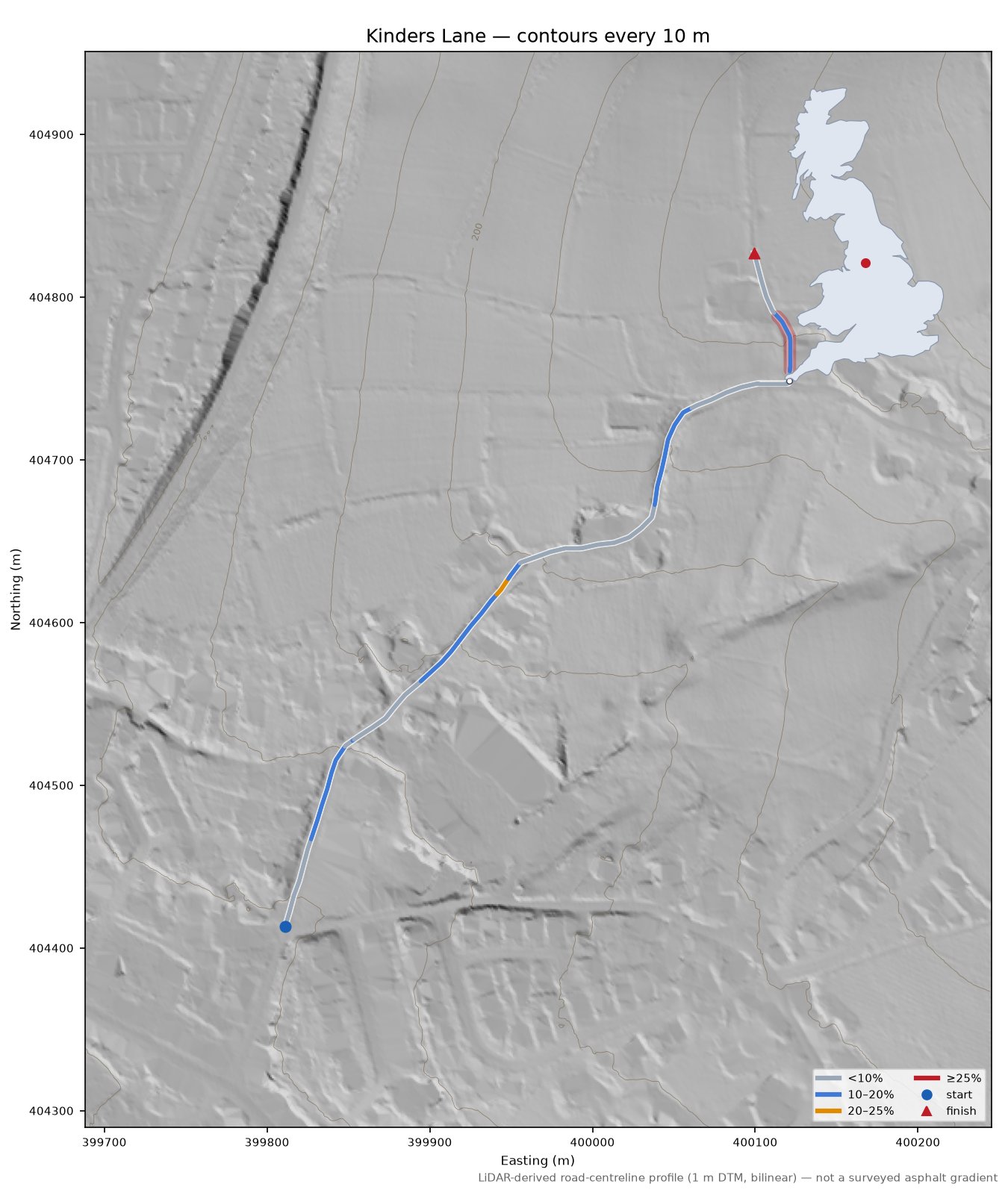 Kinders Lane LiDAR hillshade map with contours