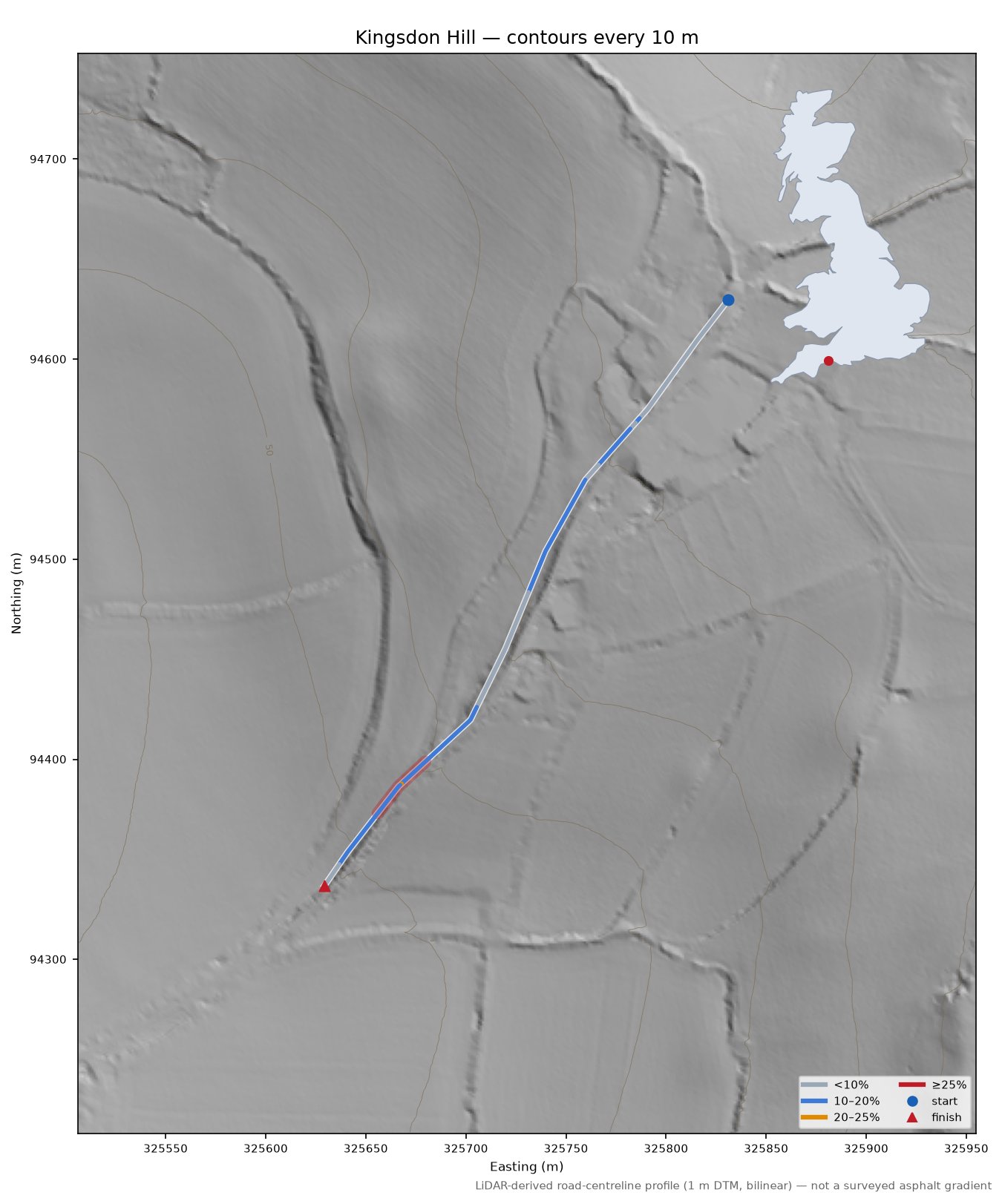 Kingsdon Hill LiDAR hillshade map with contours