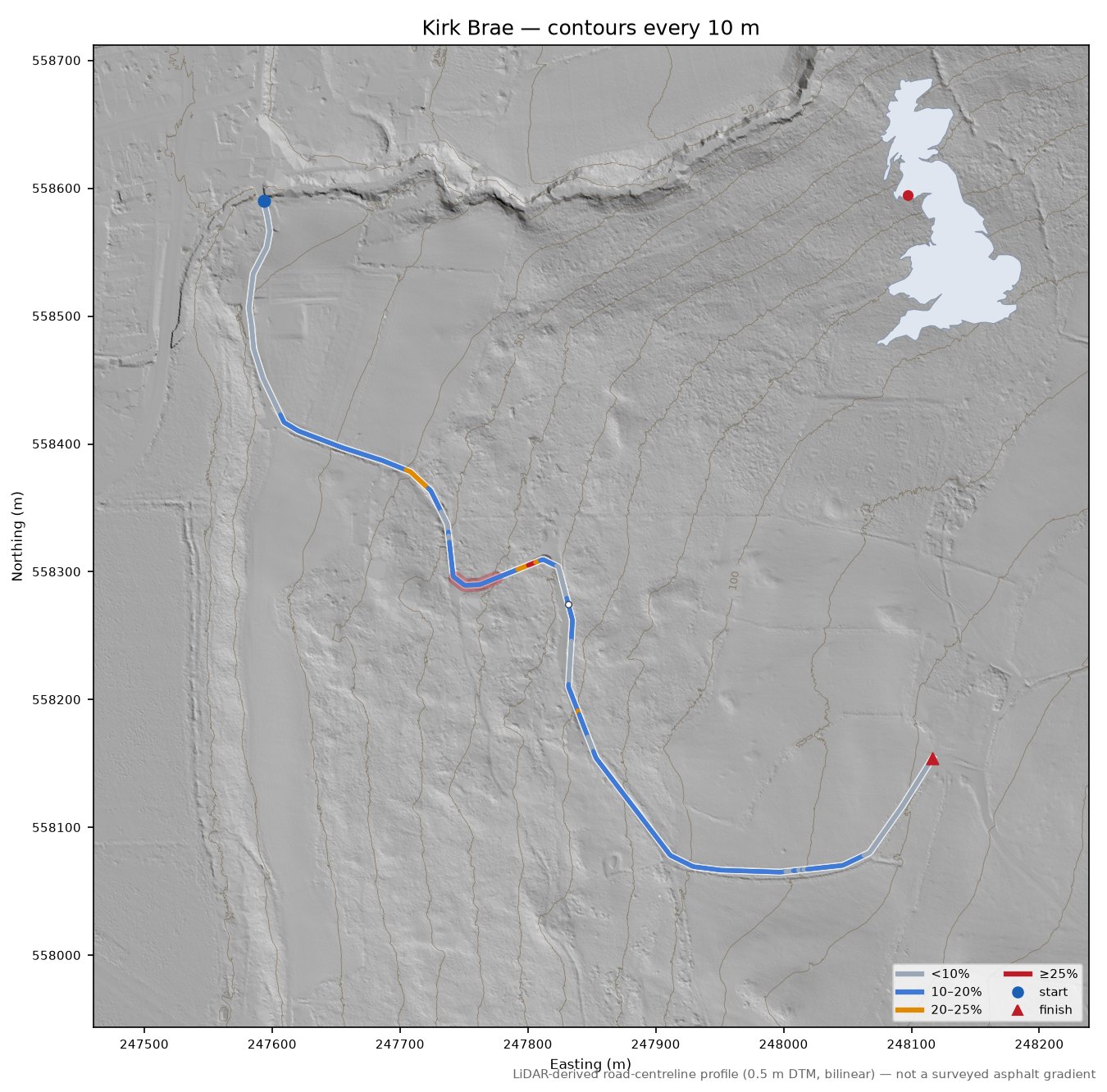Kirk Brae LiDAR hillshade map with contours