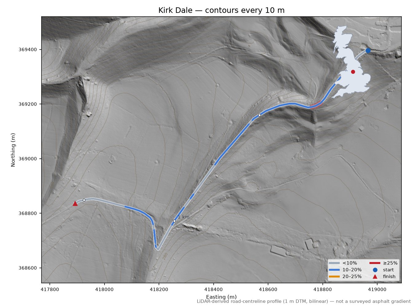Kirk Dale LiDAR hillshade map with contours