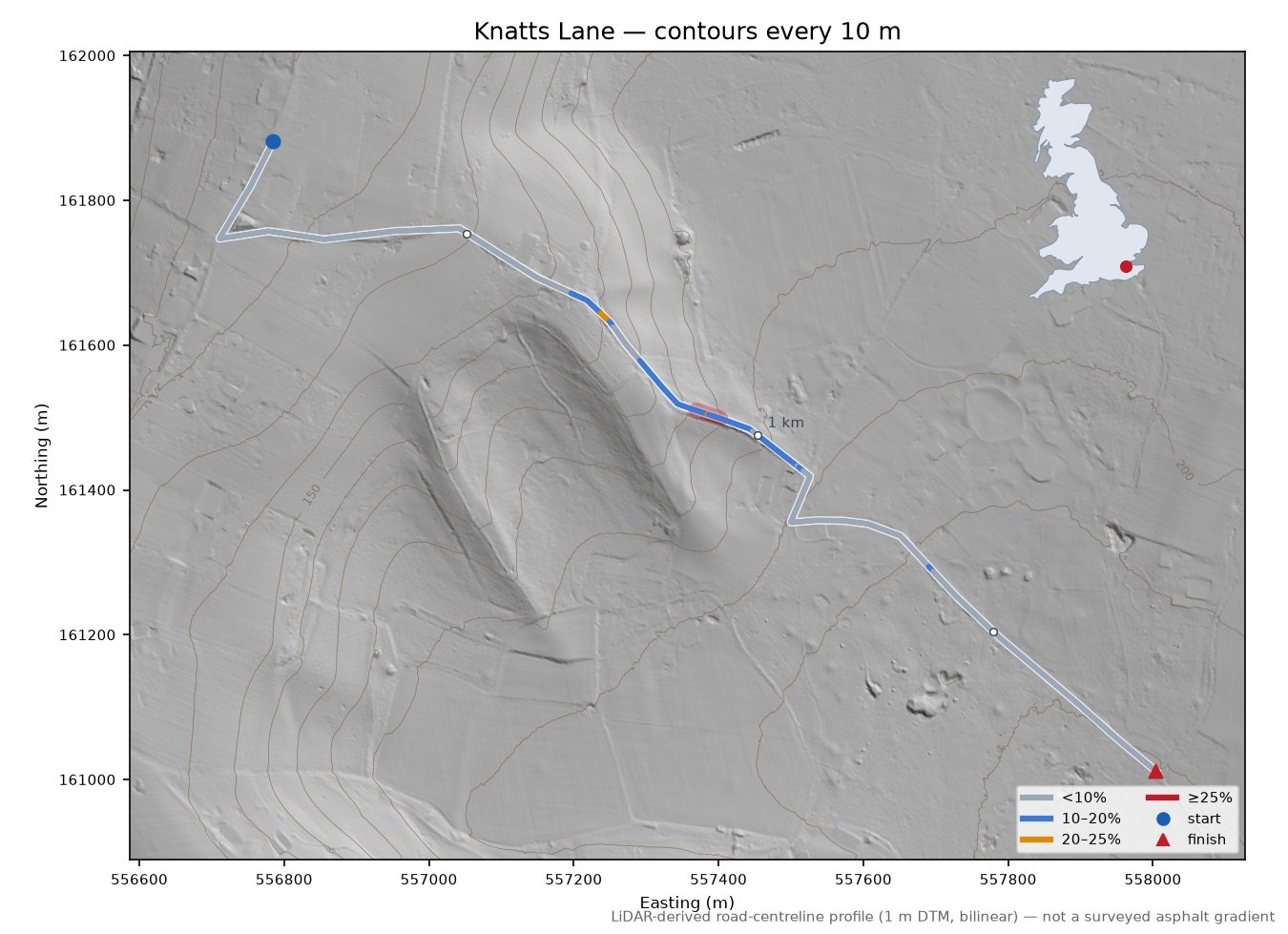Knatts Lane LiDAR hillshade map with contours