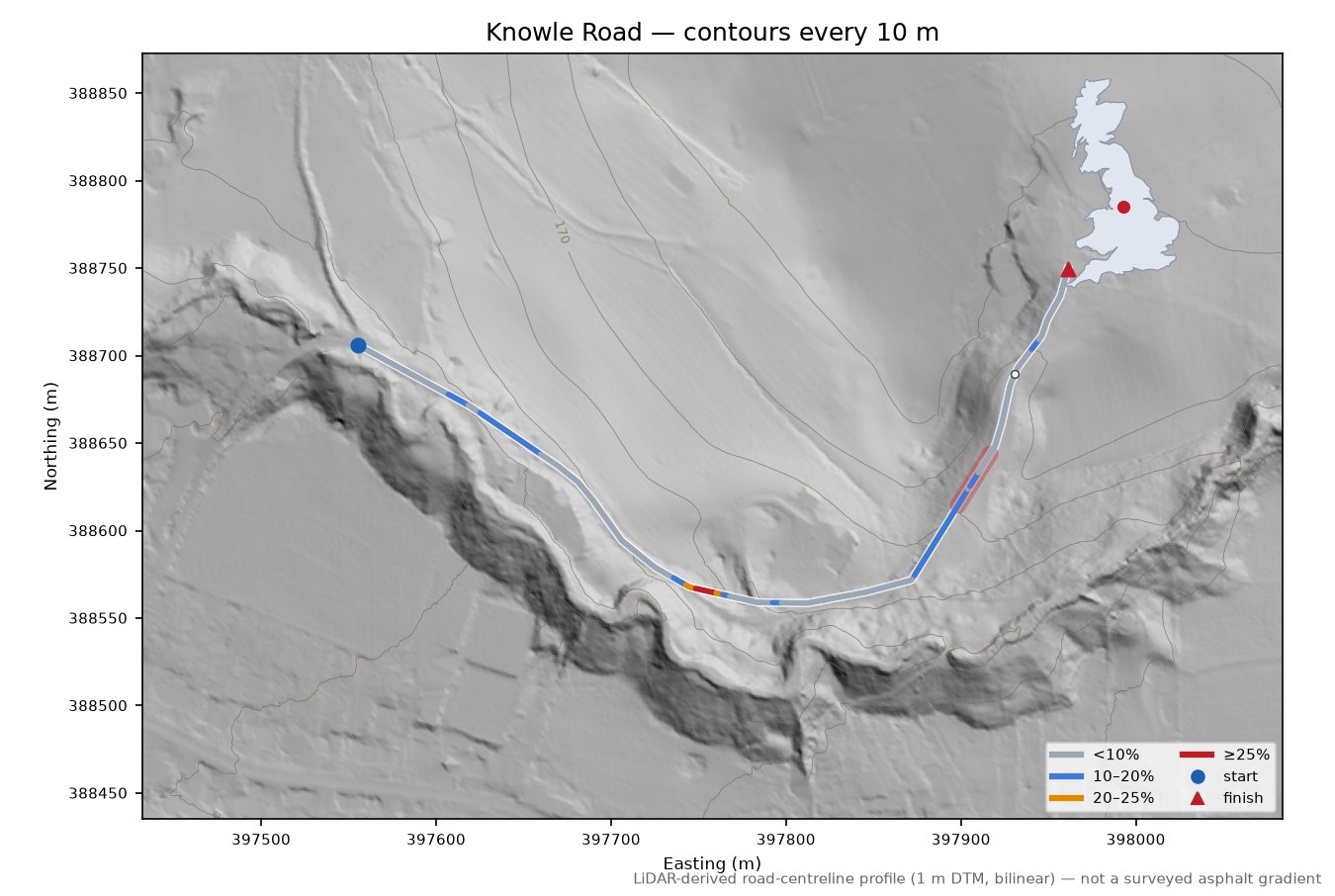 Knowle Road LiDAR hillshade map with contours