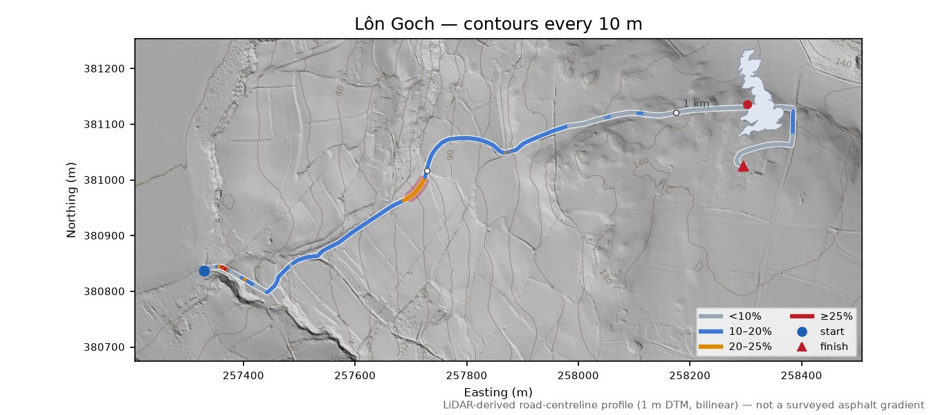 Lôn Goch LiDAR hillshade map with contours