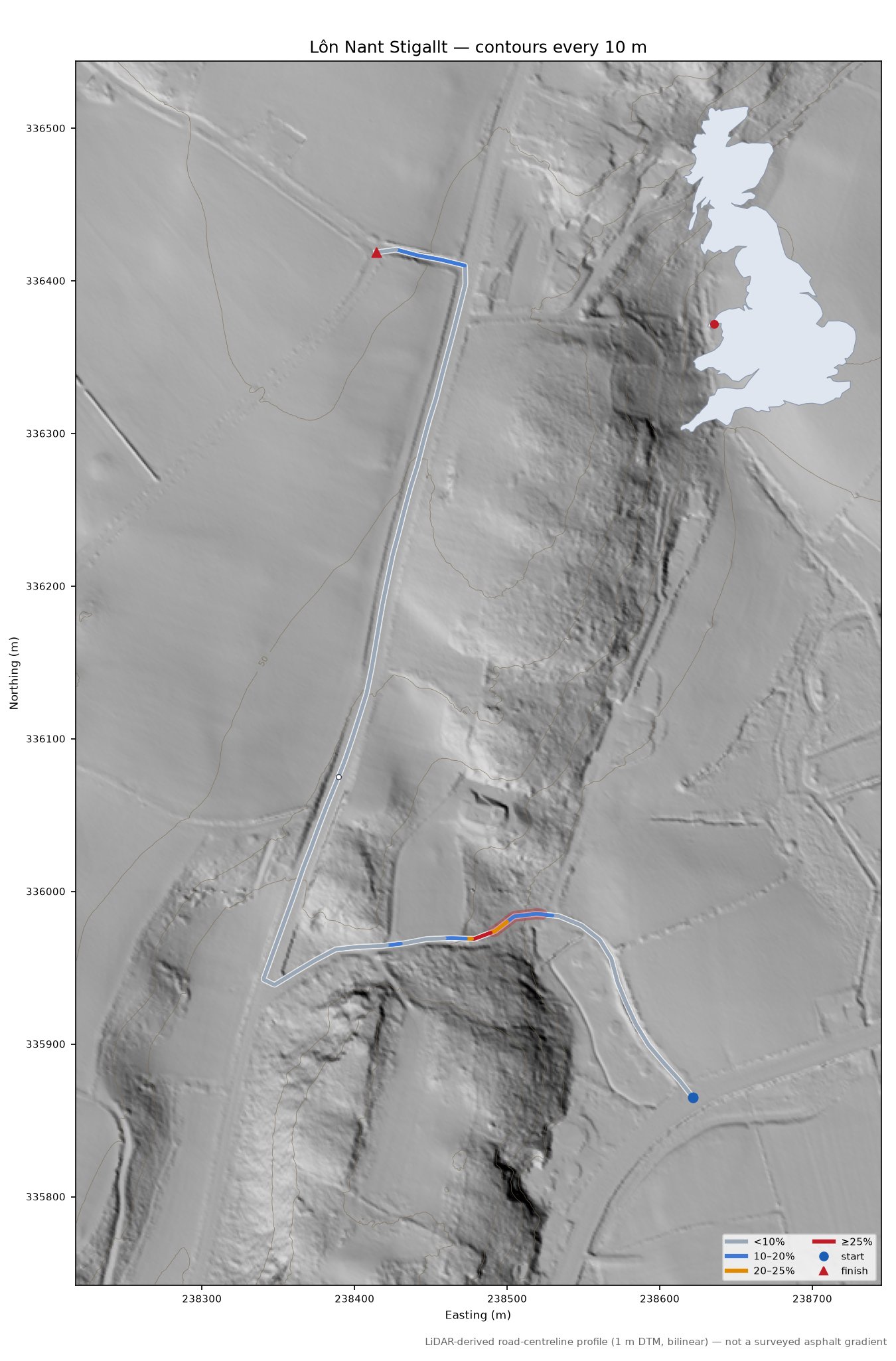 Lôn Nant Stigallt LiDAR hillshade map with contours