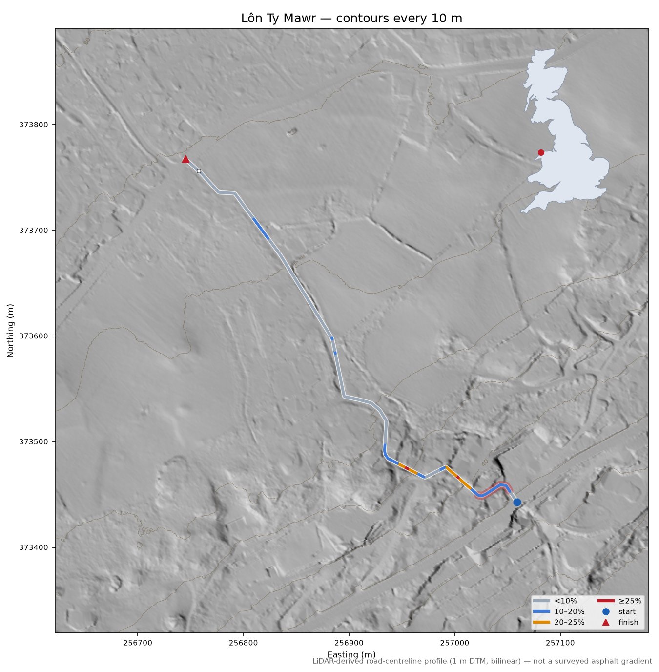 Lôn Ty Mawr LiDAR hillshade map with contours