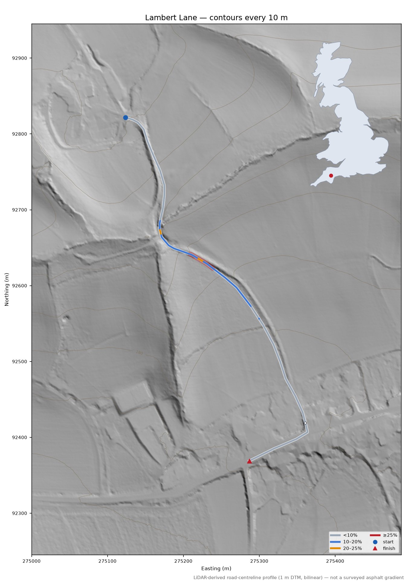 Lambert Lane LiDAR hillshade map with contours