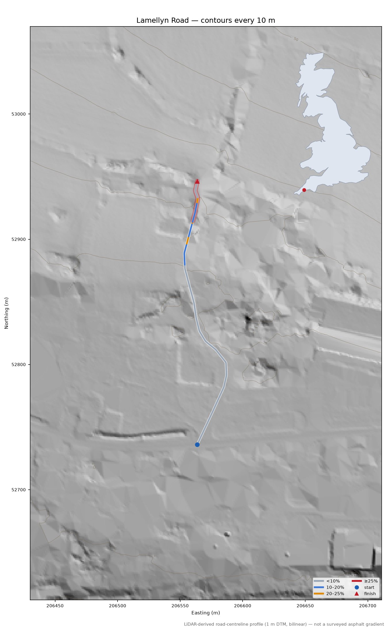 Lamellyn Road LiDAR hillshade map with contours