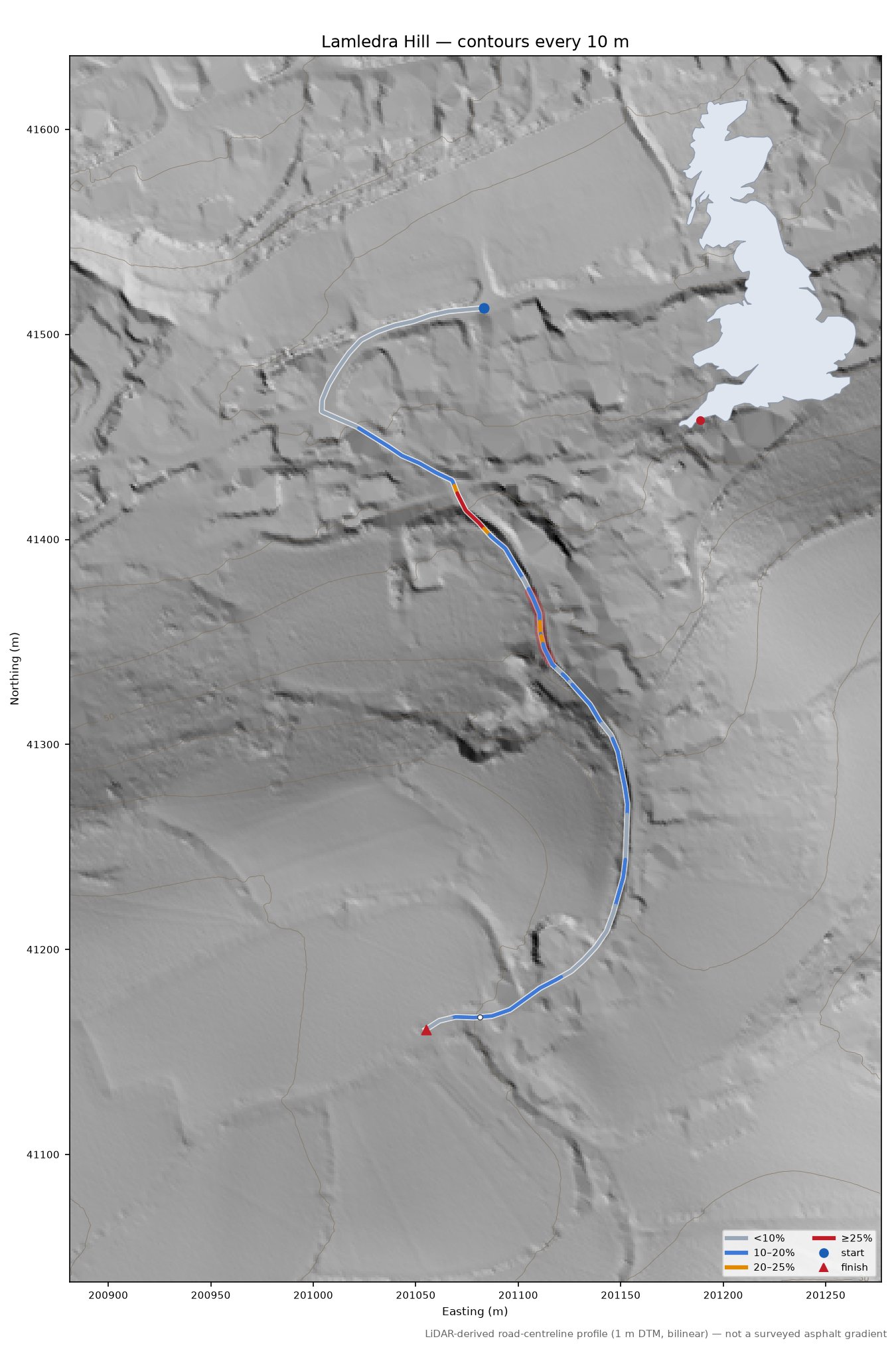 Lamledra Hill LiDAR hillshade map with contours