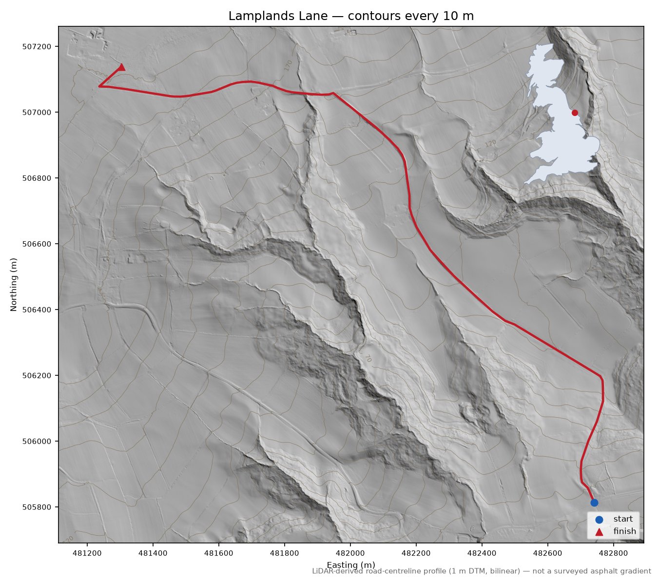 Lamplands Lane LiDAR hillshade map with contours