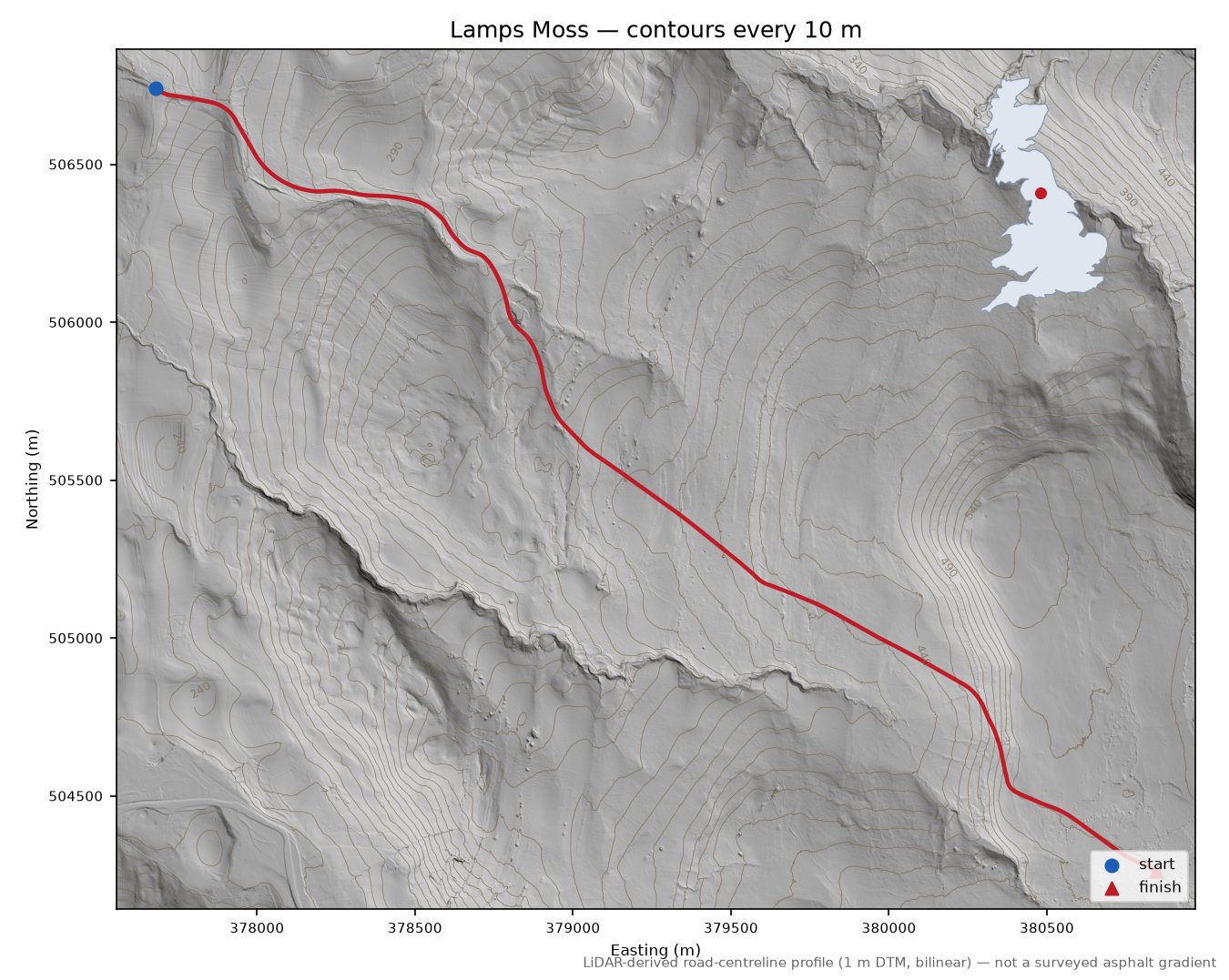 Lamps Moss LiDAR hillshade map with contours