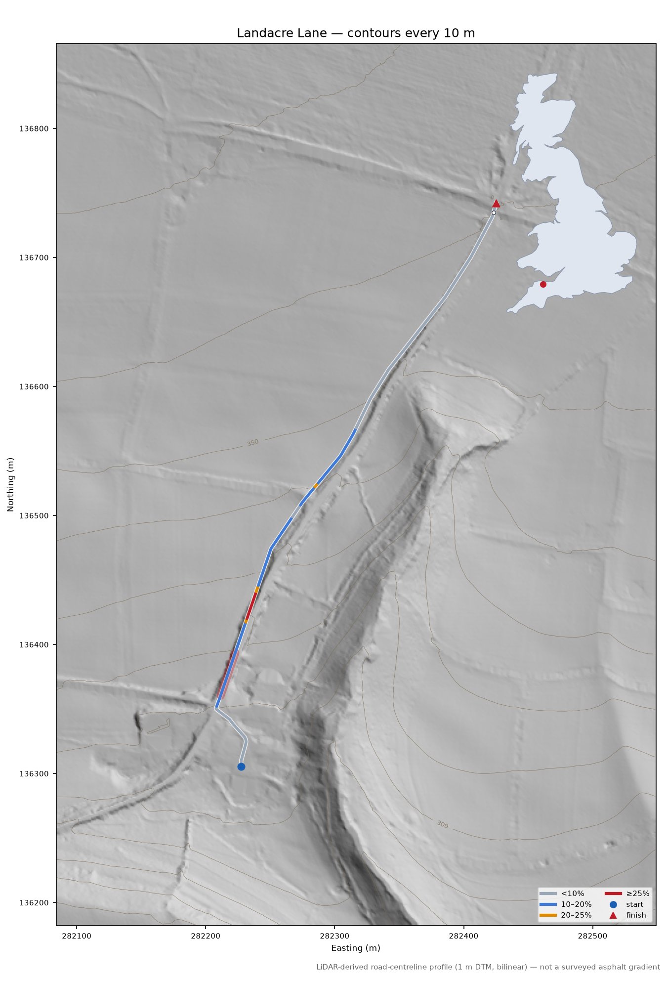 Landacre Lane LiDAR hillshade map with contours