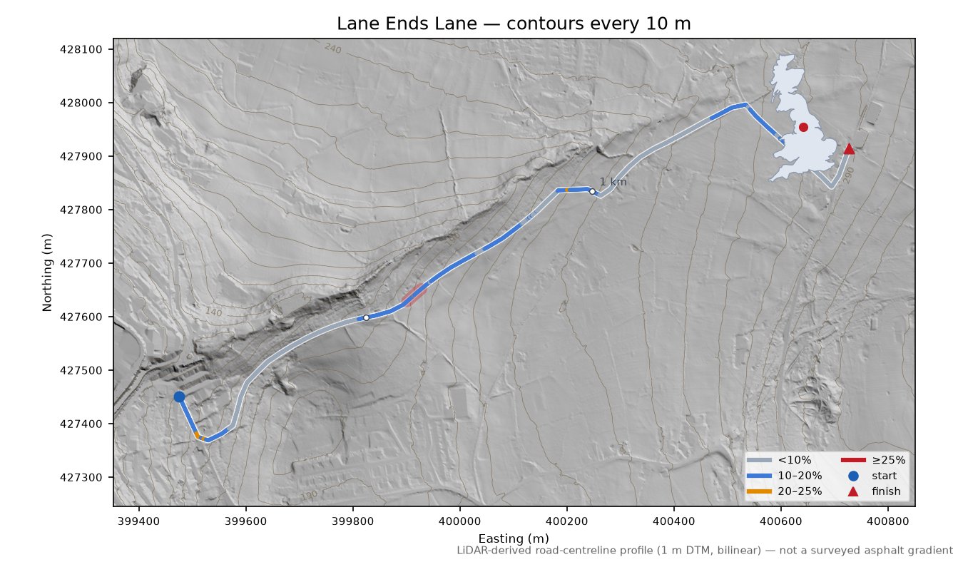 Lane Ends Lane LiDAR hillshade map with contours