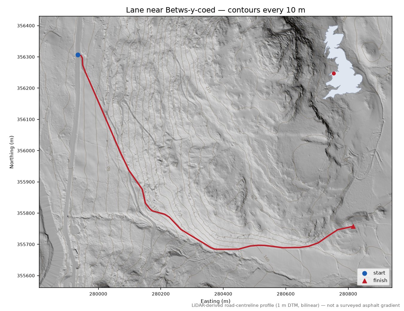 Lane near Betws-y-coed LiDAR hillshade map with contours