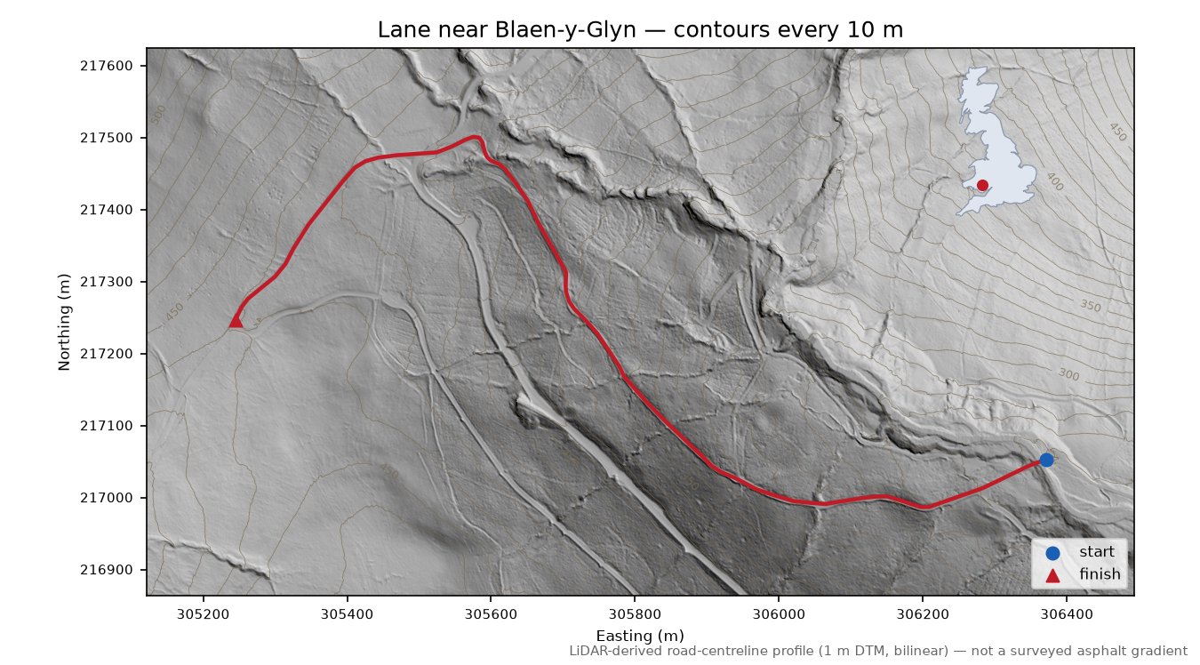 Lane near Blaen-y-Glyn LiDAR hillshade map with contours