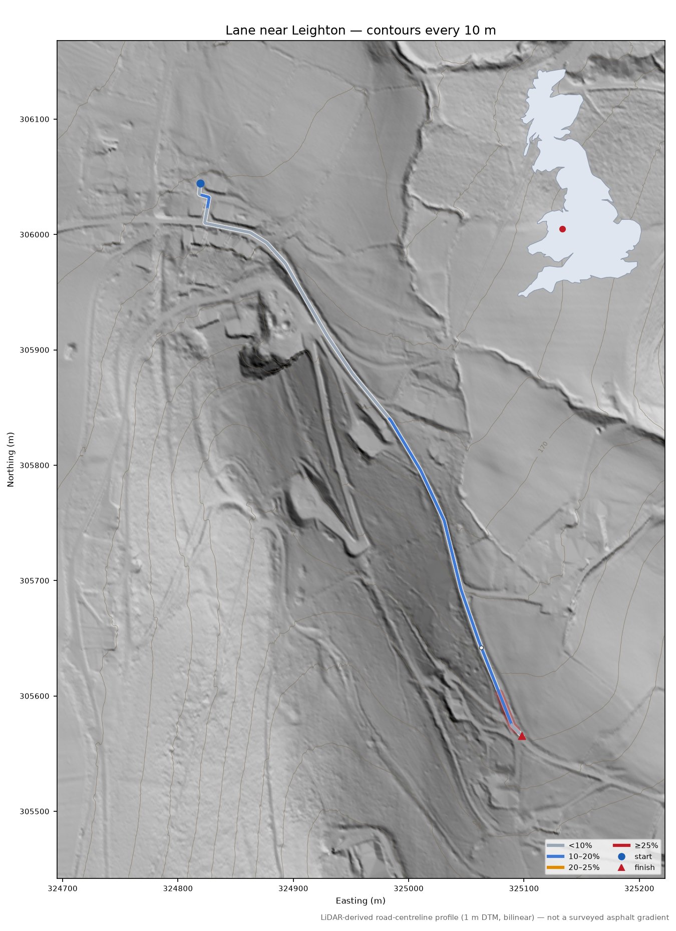 Lane near Leighton LiDAR hillshade map with contours