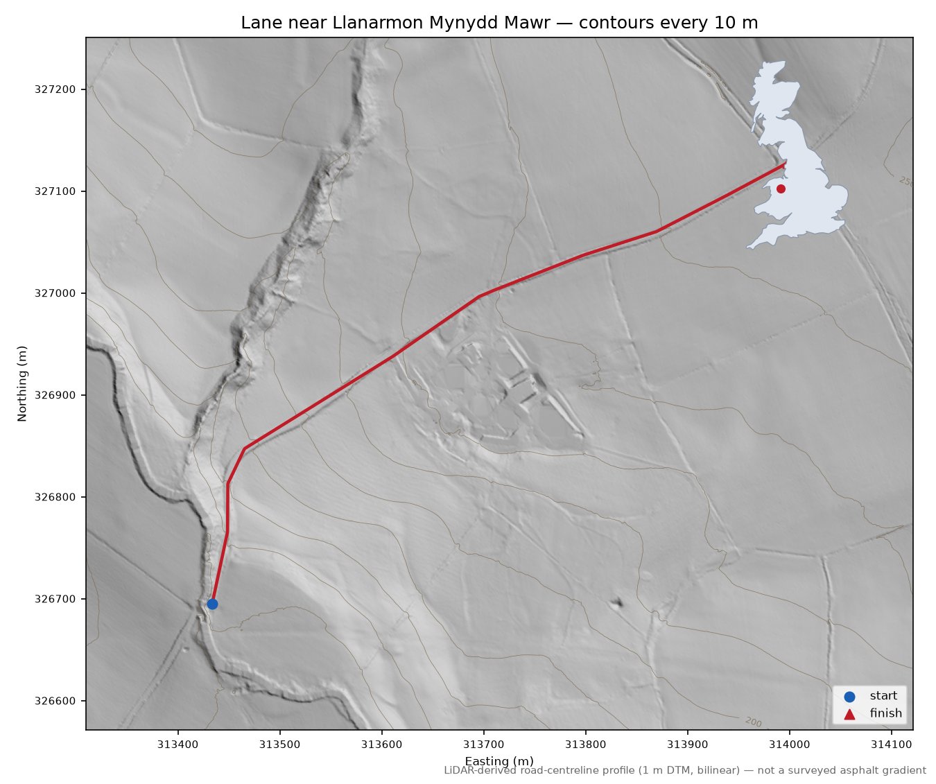 Lane near Llanarmon Mynydd Mawr LiDAR hillshade map with contours