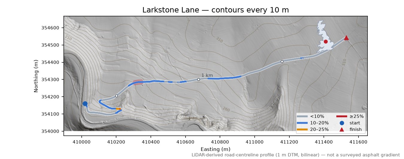 Larkstone Lane LiDAR hillshade map with contours