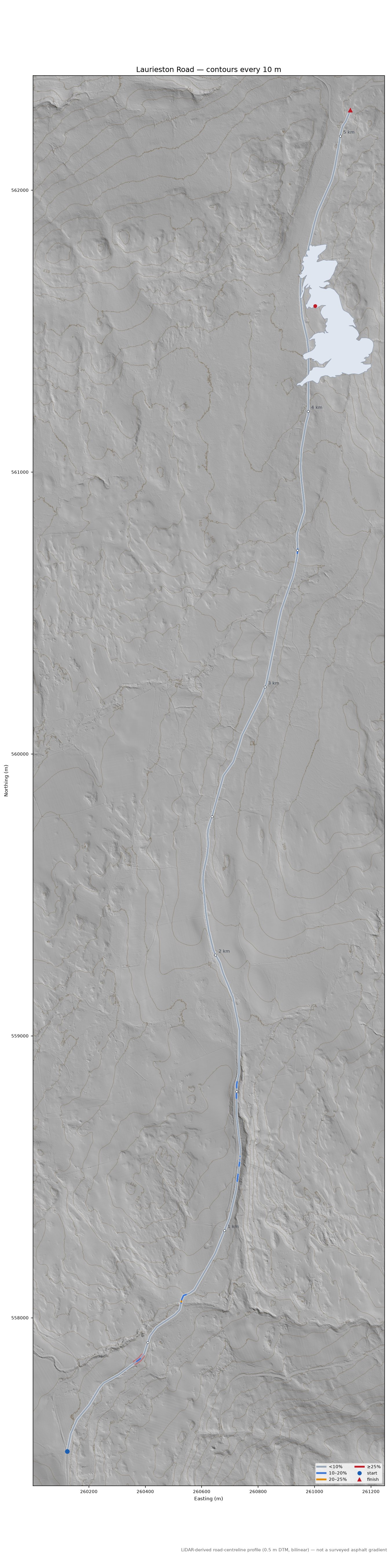 Laurieston Road LiDAR hillshade map with contours