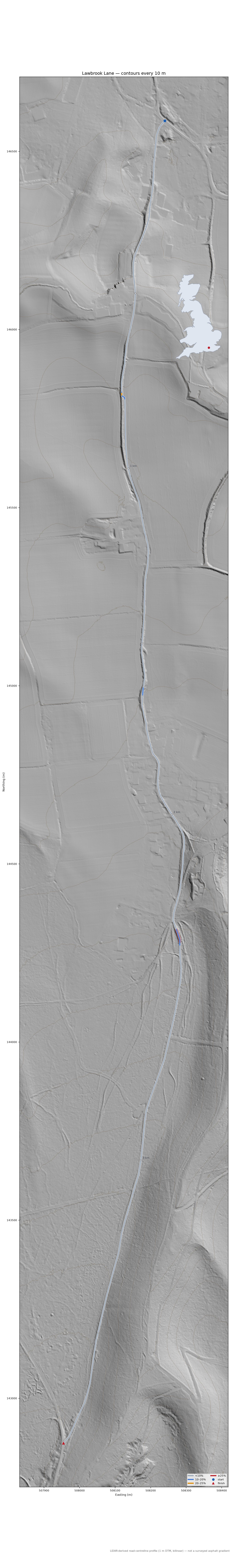 Lawbrook Lane LiDAR hillshade map with contours
