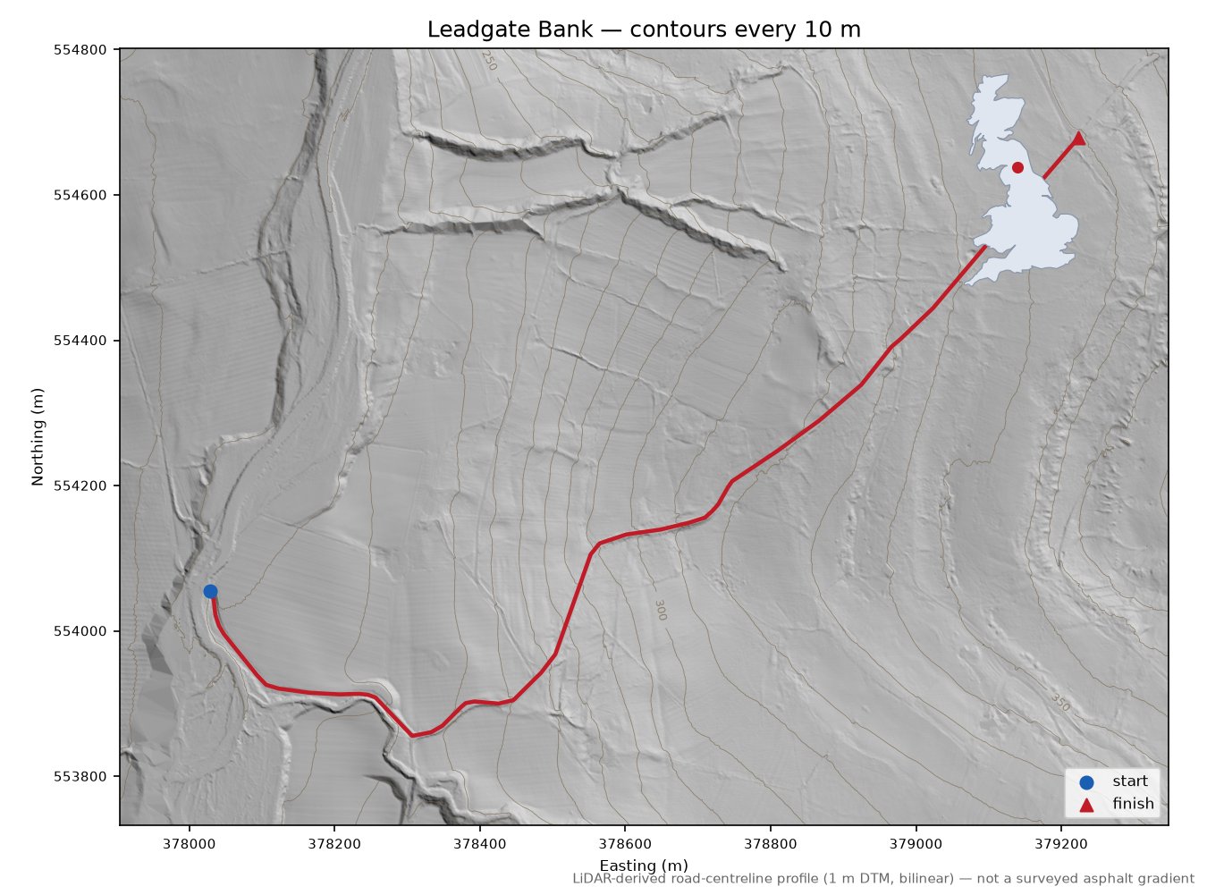 Leadgate Bank LiDAR hillshade map with contours