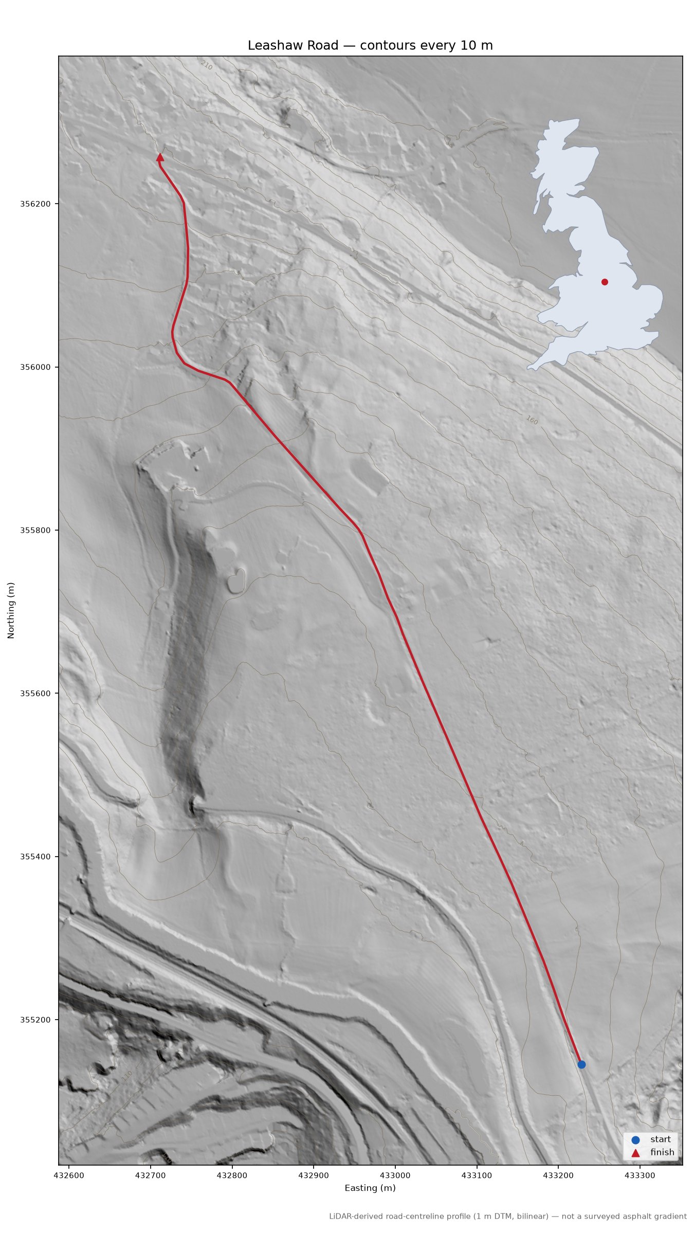 Leashaw Road LiDAR hillshade map with contours