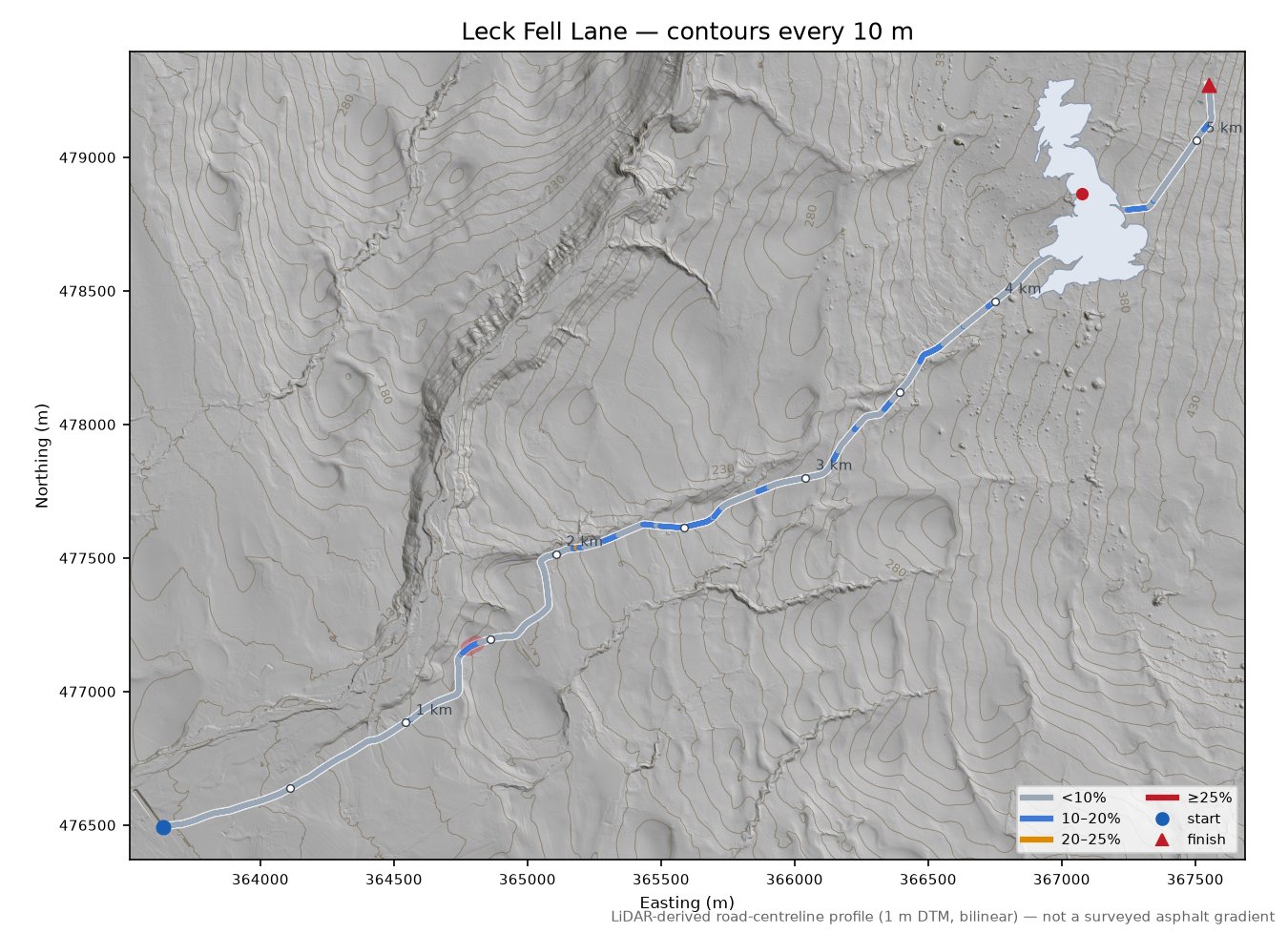 Leck Fell Lane LiDAR hillshade map with contours