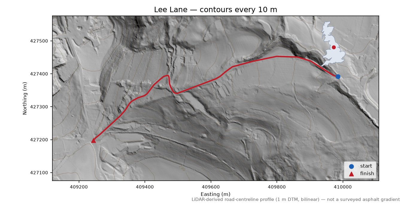 Lee Lane LiDAR hillshade map with contours