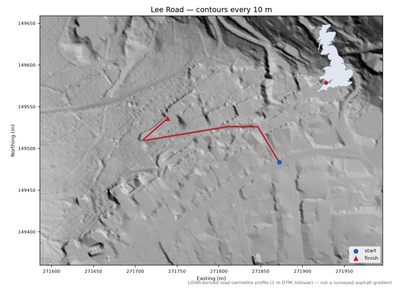 Lee Road LiDAR hillshade map with contours
