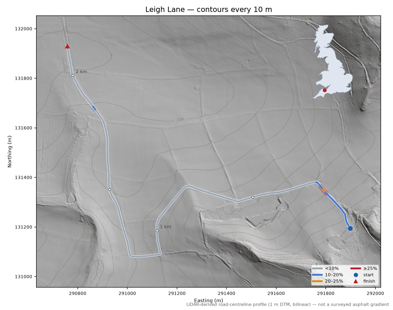 Leigh Lane LiDAR hillshade map with contours