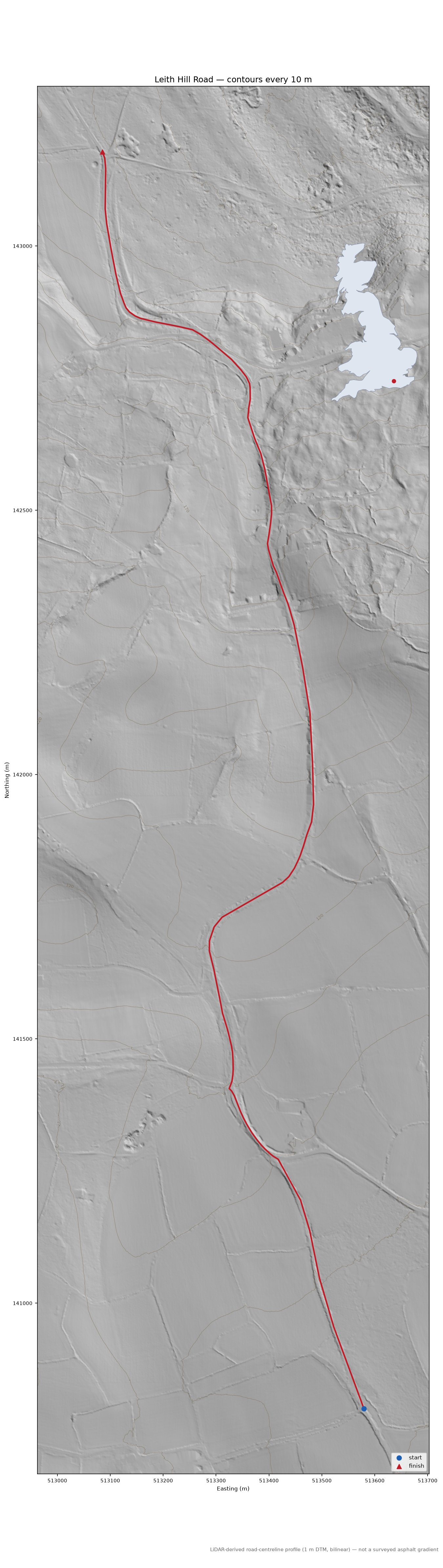 Leith Hill Road LiDAR hillshade map with contours