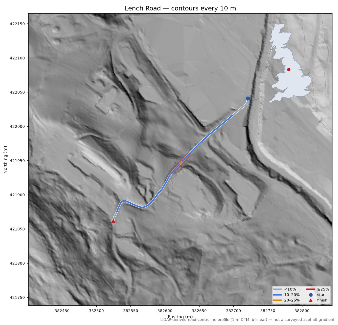 Lench Road LiDAR hillshade map with contours