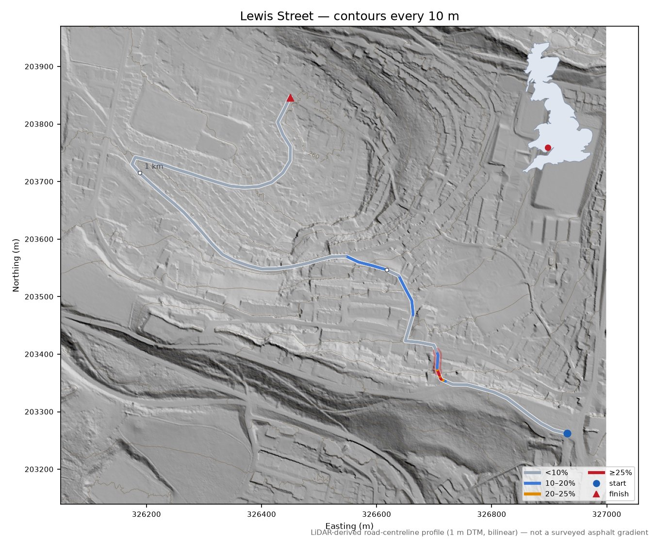 Lewis Street LiDAR hillshade map with contours