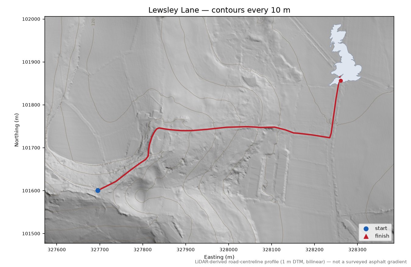 Lewsley Lane LiDAR hillshade map with contours