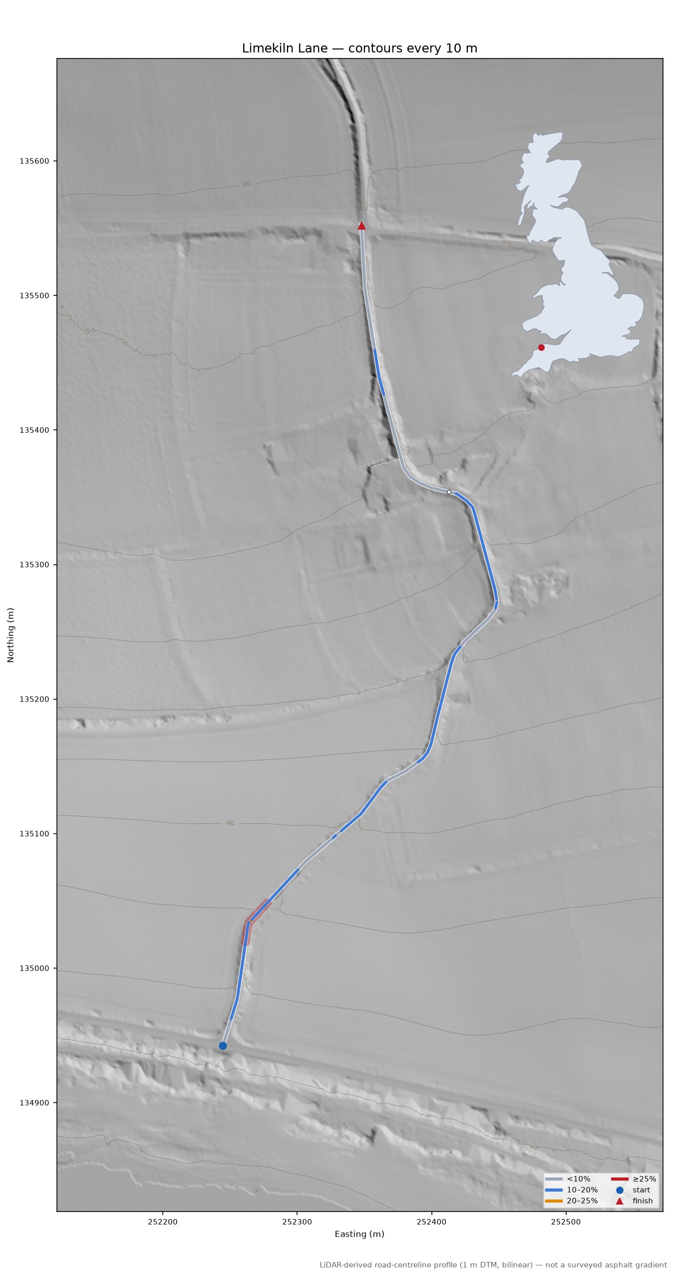 Limekiln Lane LiDAR hillshade map with contours