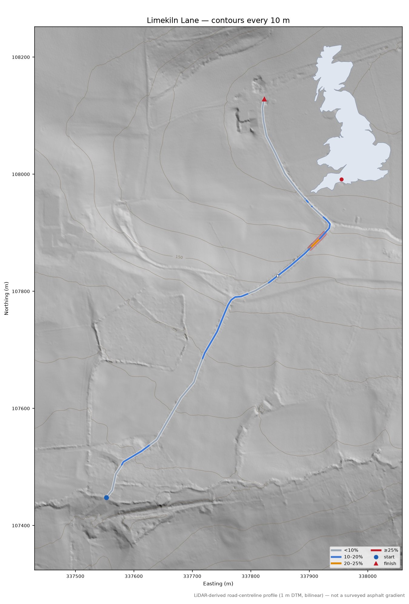 Limekiln Lane LiDAR hillshade map with contours