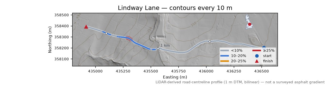 Lindway Lane LiDAR hillshade map with contours