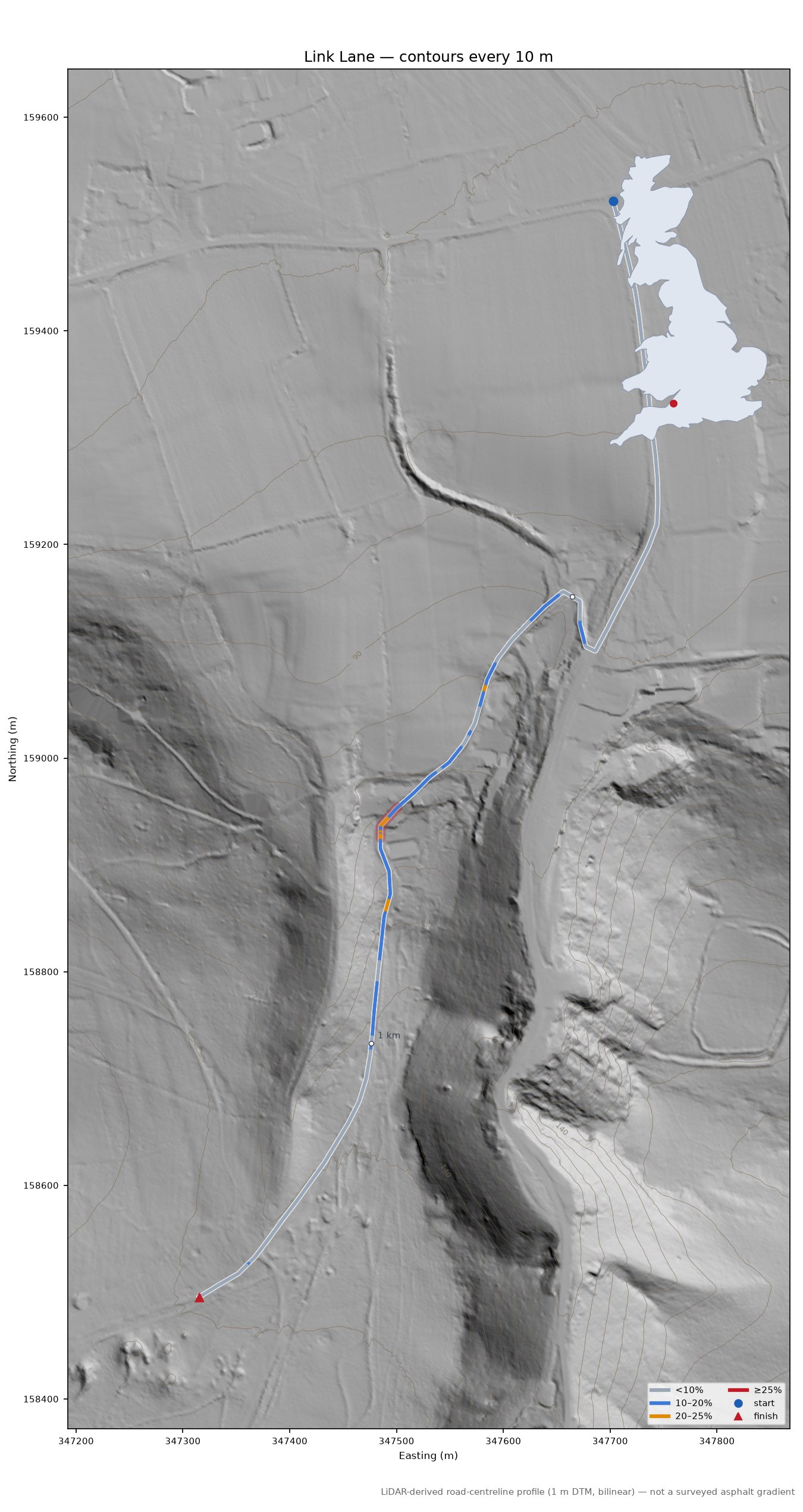 Link Lane LiDAR hillshade map with contours