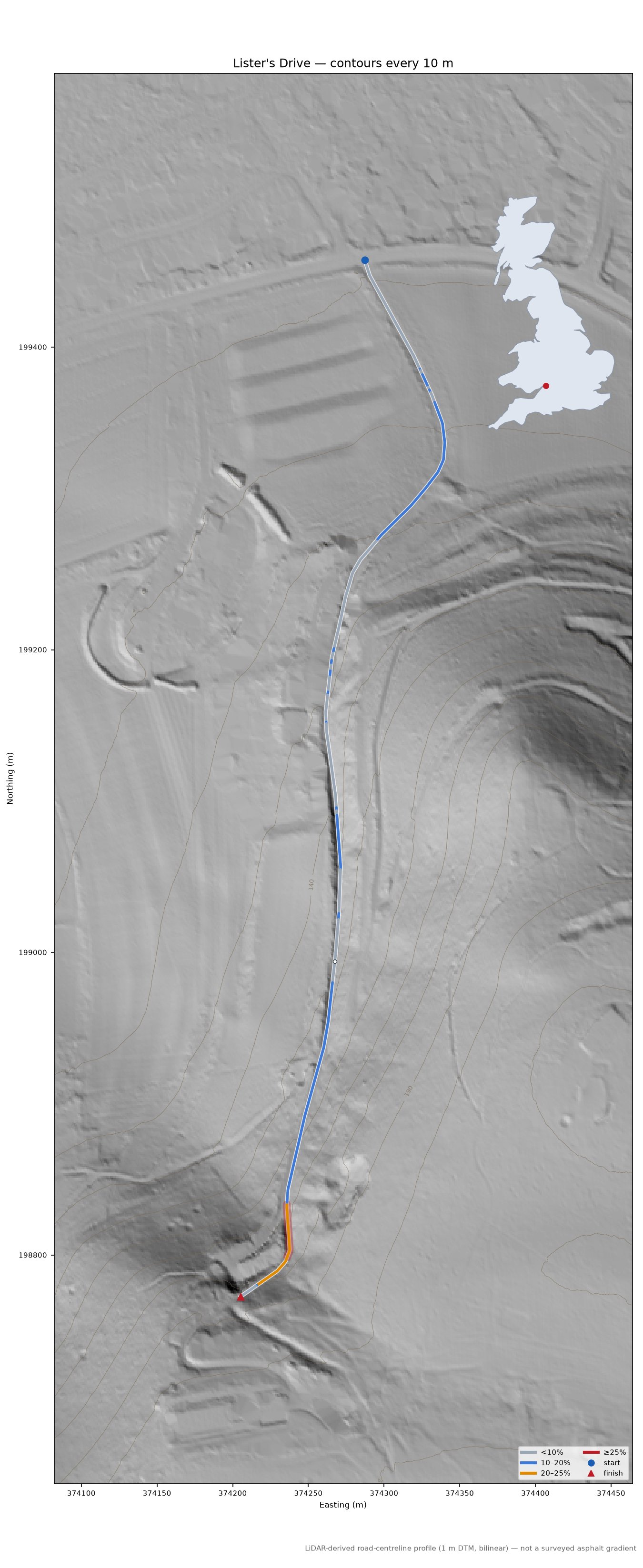 Lister's Drive LiDAR hillshade map with contours