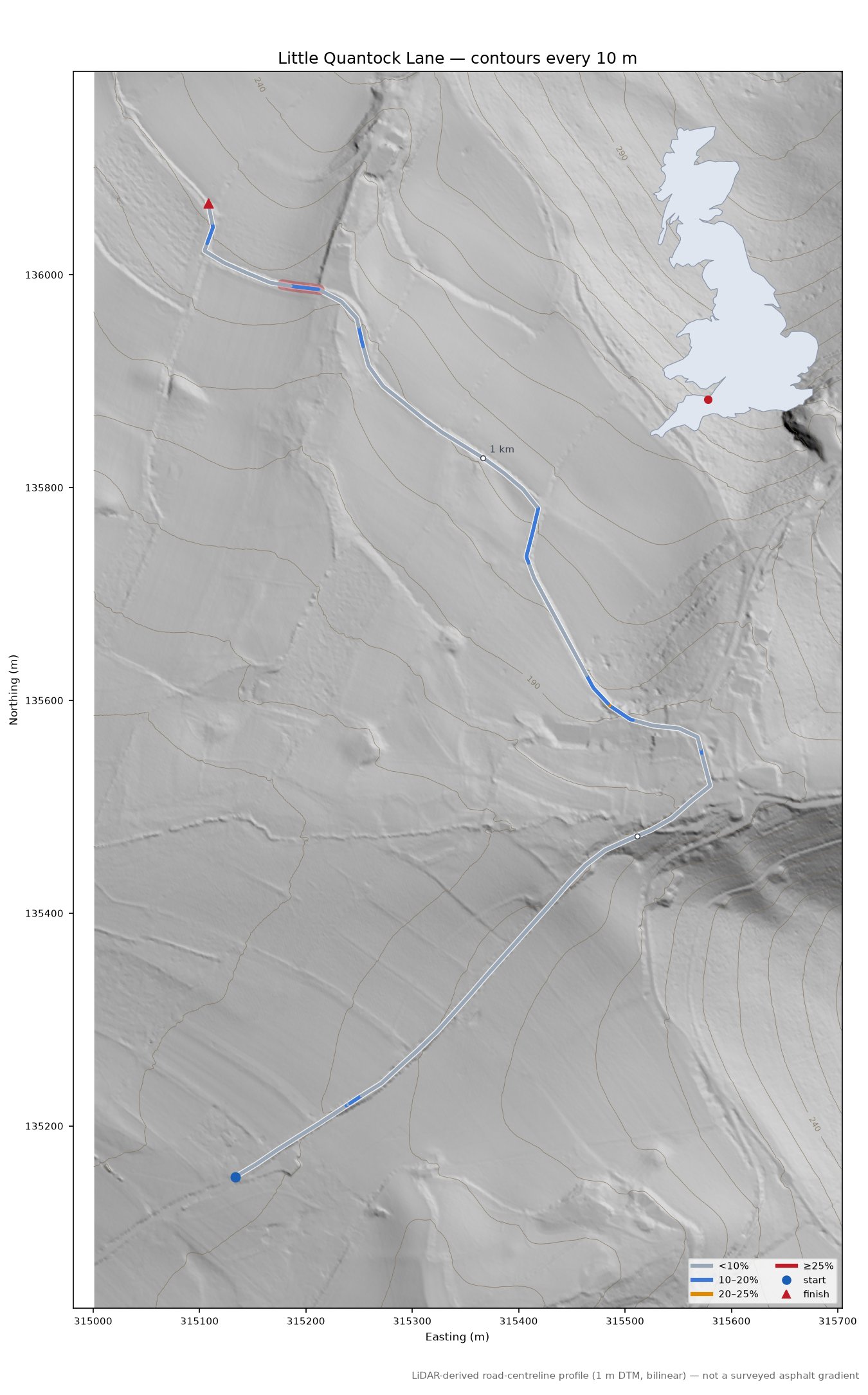Little Quantock Lane LiDAR hillshade map with contours