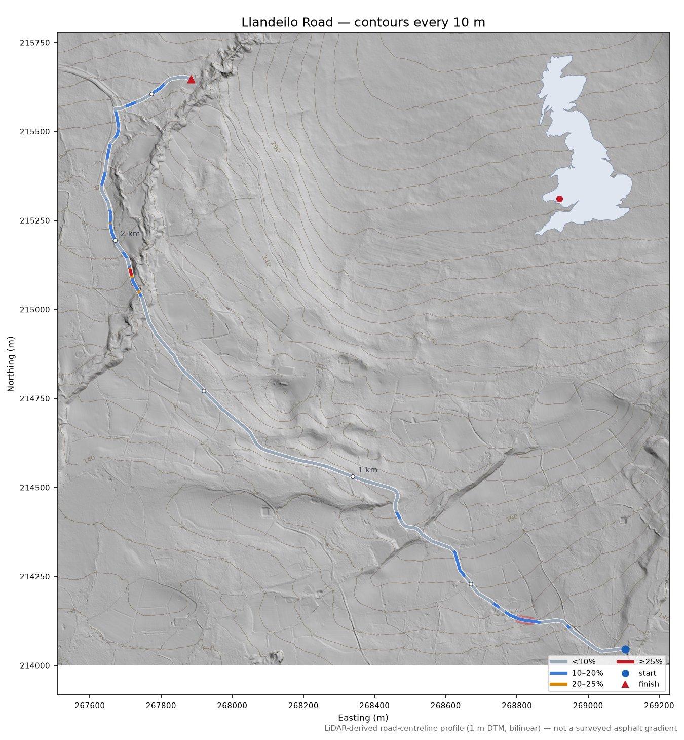 Llandeilo Road LiDAR hillshade map with contours