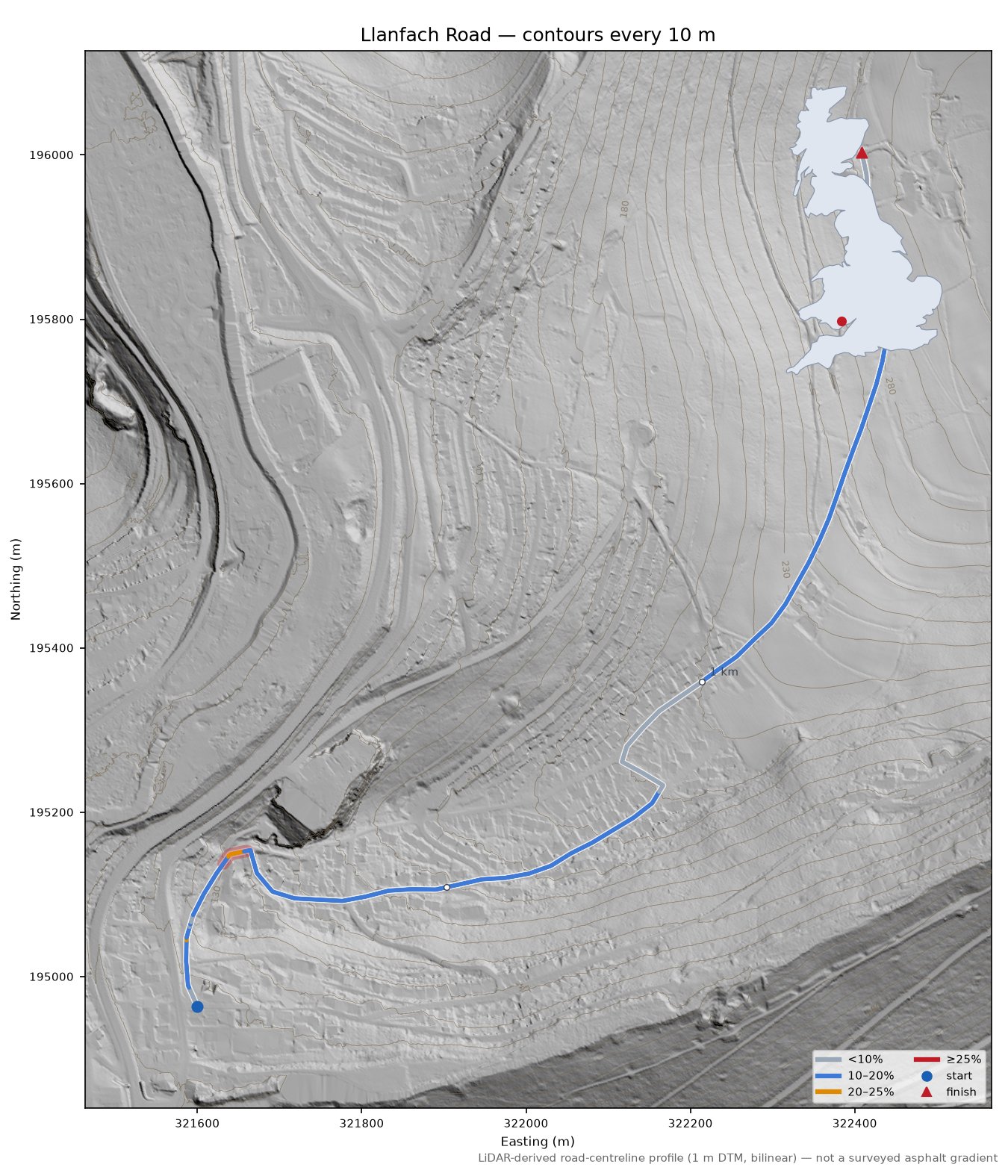 Llanfach Road LiDAR hillshade map with contours