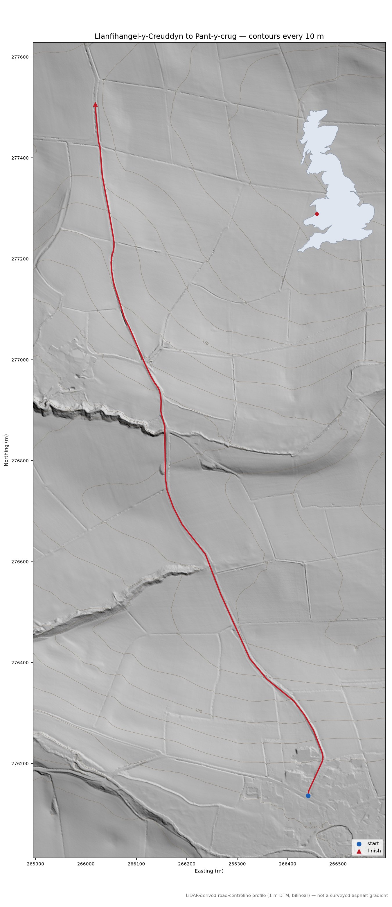 Llanfihangel-y-Creuddyn to Pant-y-crug LiDAR hillshade map with contours