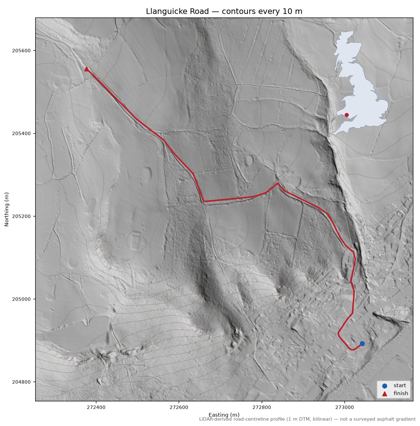 Llanguicke Road LiDAR hillshade map with contours