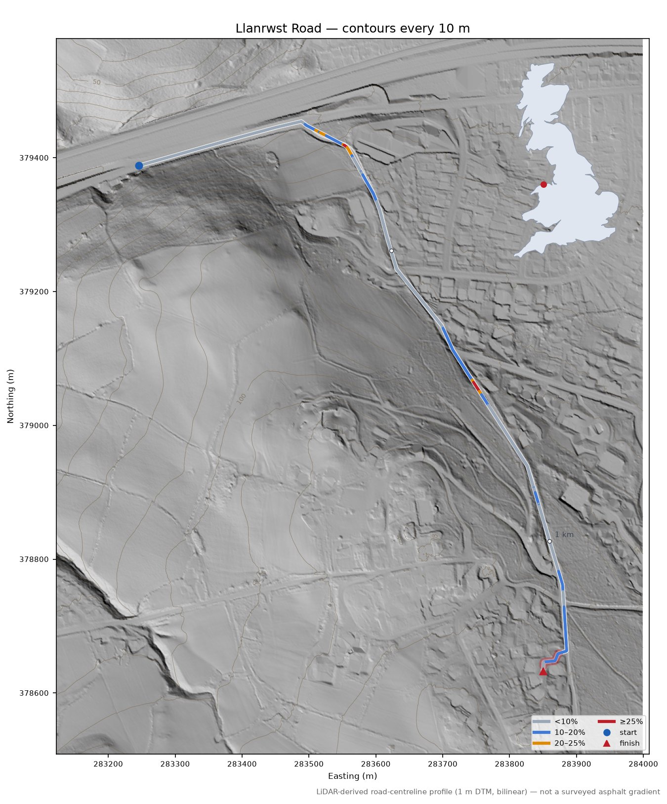 Llanrwst Road LiDAR hillshade map with contours